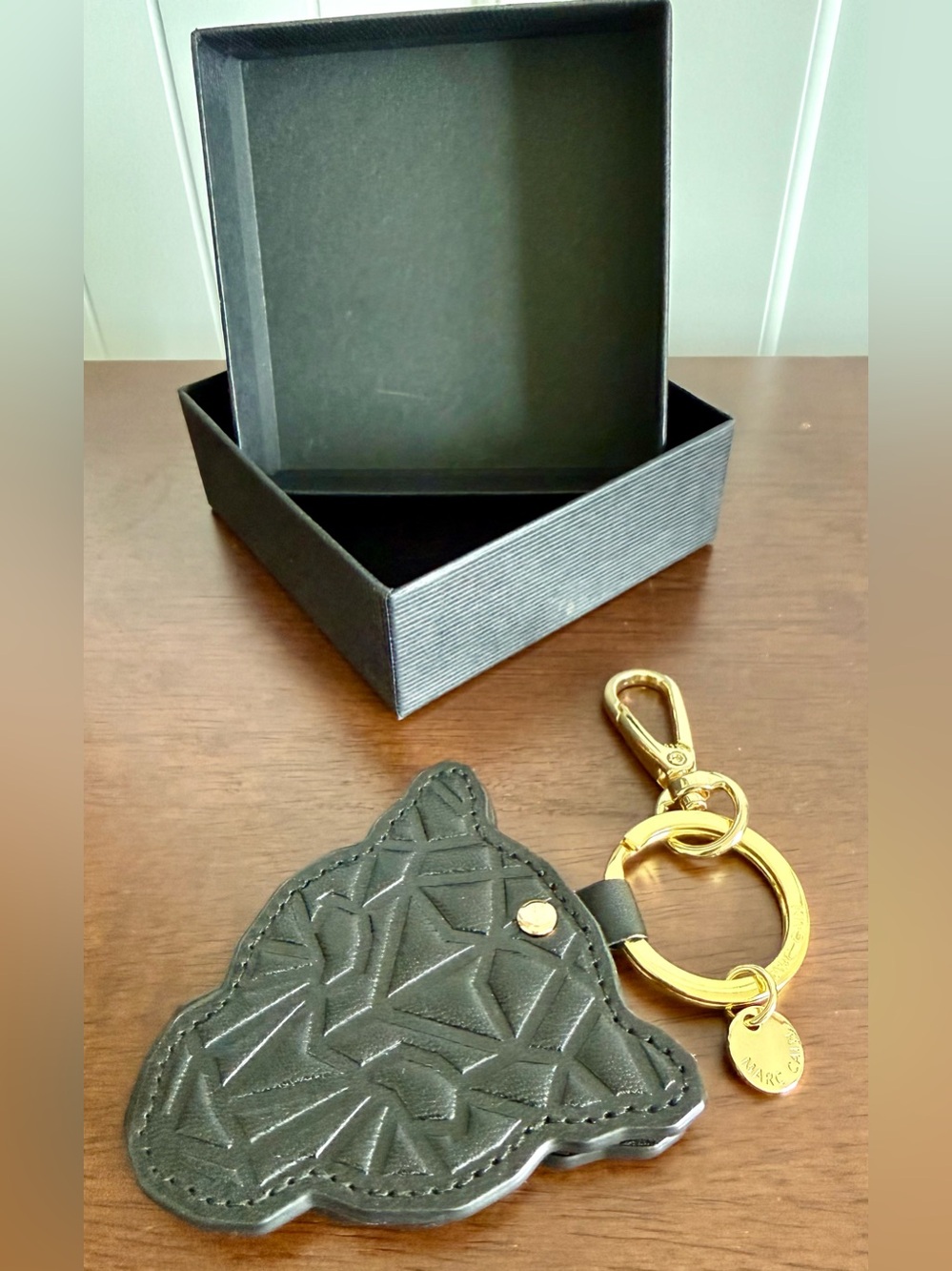 Marc Cain Black Leather Geometric Leopard Cat Textured Key Tag Chain W/ Mirror